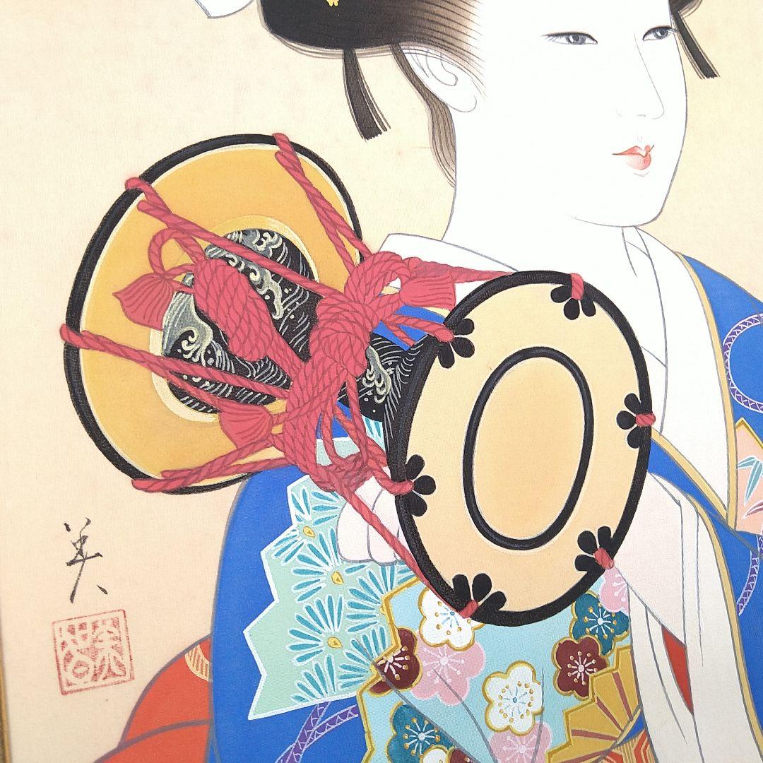AC83 【真筆】長井美智子(初音）日本画 美人画 佳 芸者 鼓 額装 絹本肉筆