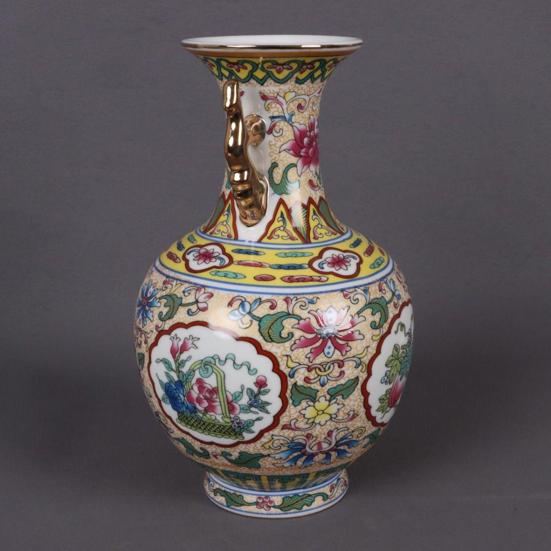 大清乾隆琺瑯彩四季瓜果双耳瓶磁花瓶 景徳鎮