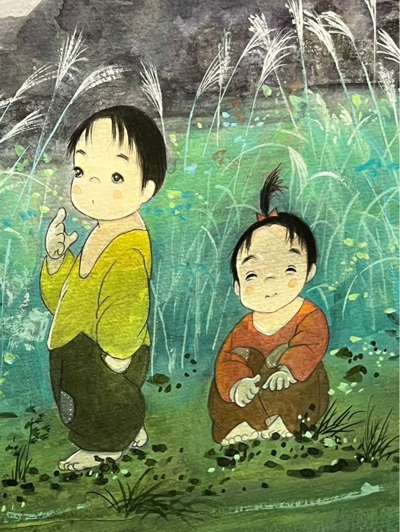 開田風童　水彩画 開田風童 絵画 童画 ジークレー 版画 「風の中で」 額付き : アート