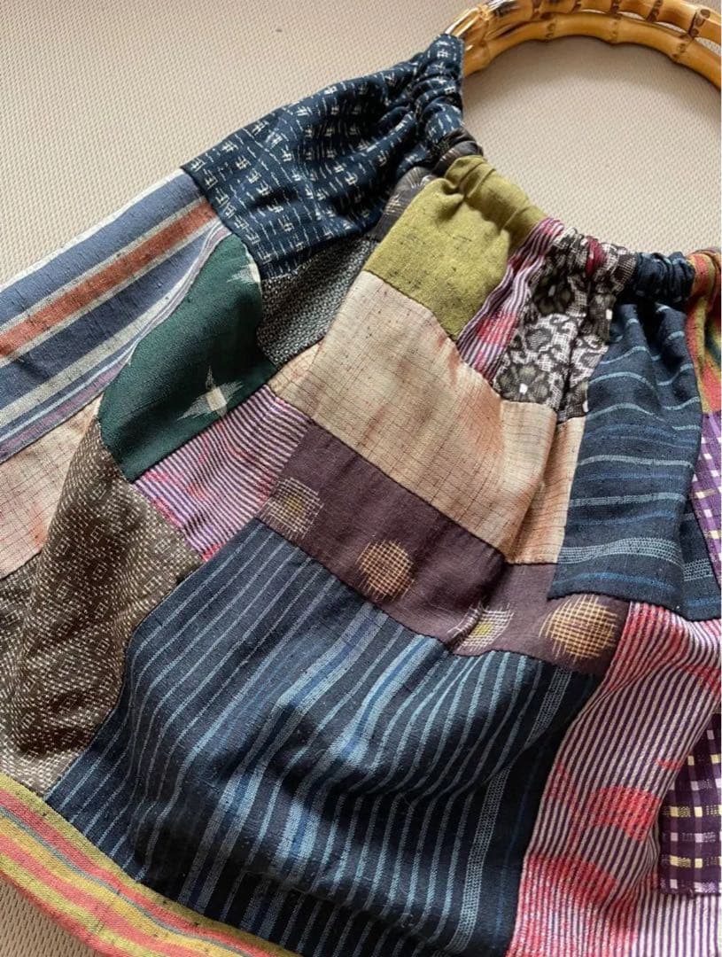 一点ものアンティーク和布と竹ハンドルのパッチワークグラニーバッグ