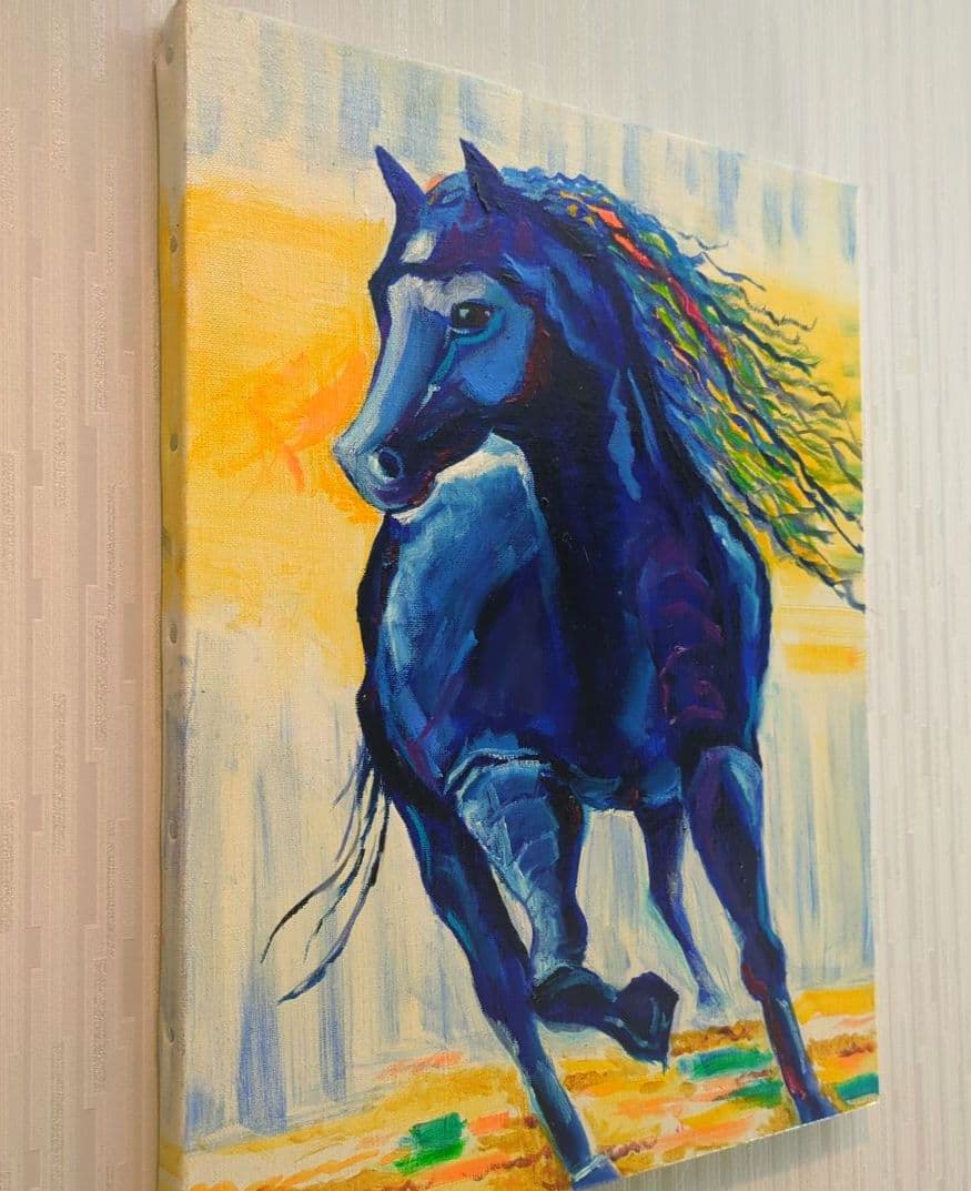 キャンバス油絵 走る青い馬 青は神の色 縦41.5cm - メルカリ