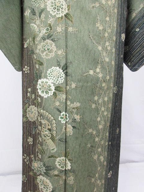 新古品！ふくれ織＊花唐草＆タテ柄＊松葉色＊紋無し＊訪問着