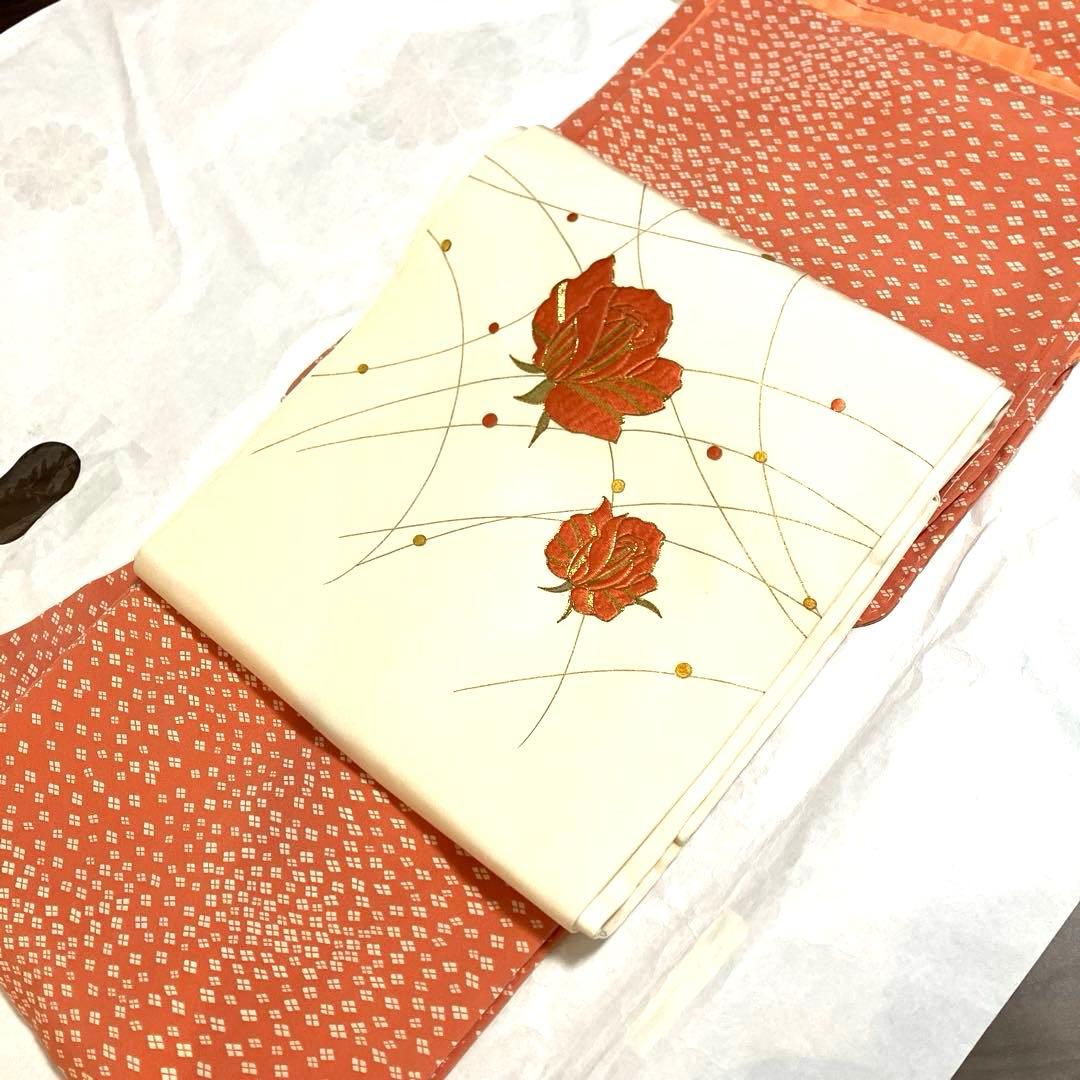 しつけ糸付 未使用 江戸小紋(角通し)＆名古屋帯セット サーモンピンク