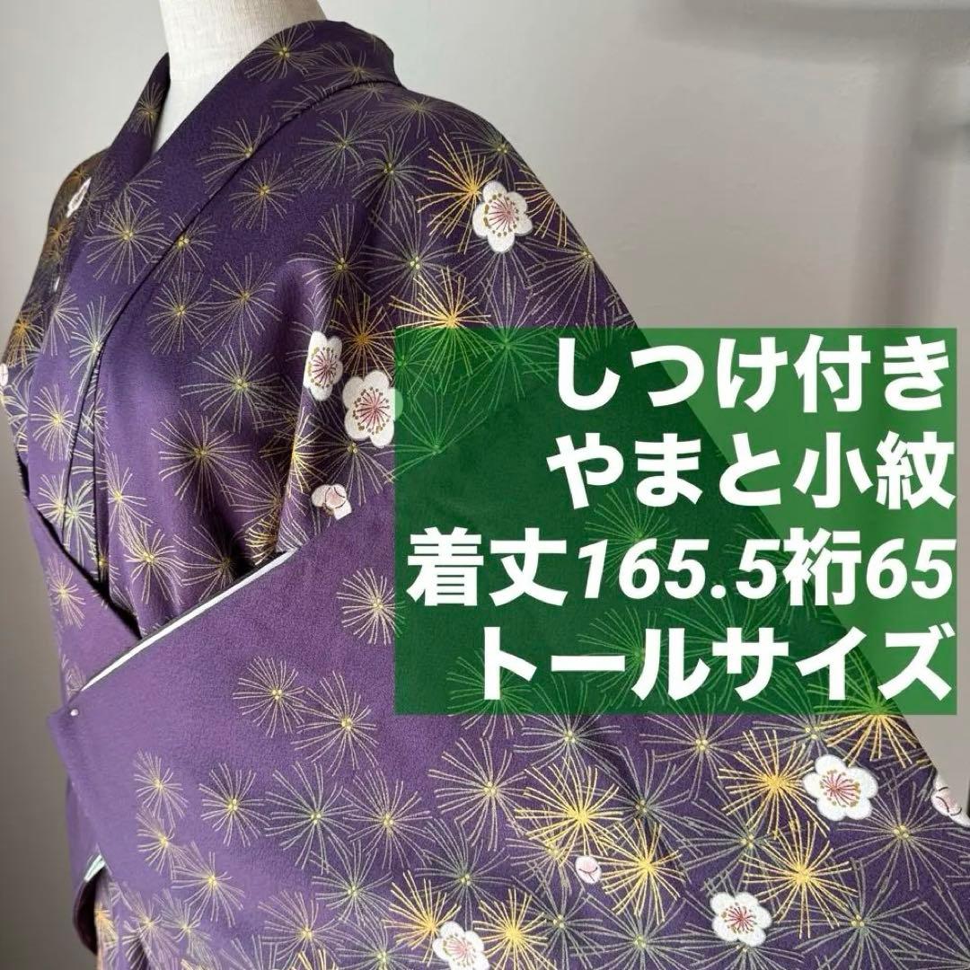 しつけ付き 正絹 やまと 小紋 着物 袷 165裄65 紫 梅 金彩 トール