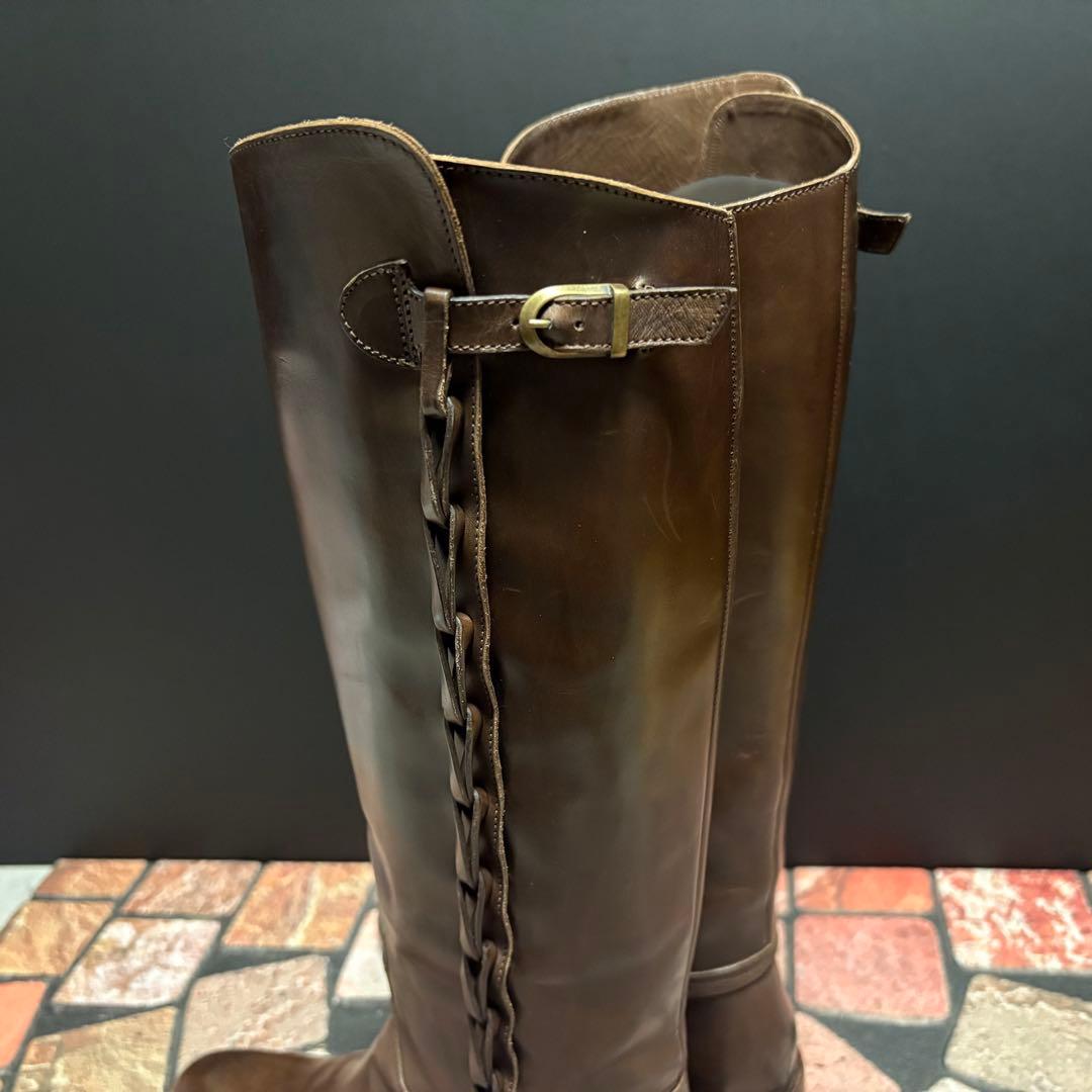 サルトル　ジョッキーブーツ　ロングブーツ 編み飾り　ベルト　本革　22.5cm