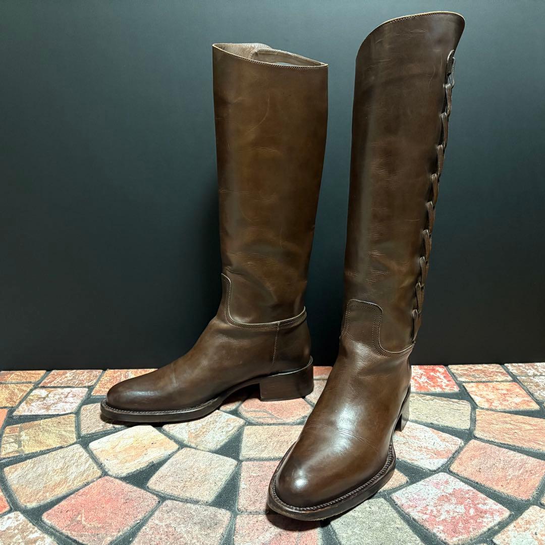 サルトル　ジョッキーブーツ　ロングブーツ 編み飾り　ベルト　本革　22.5cm