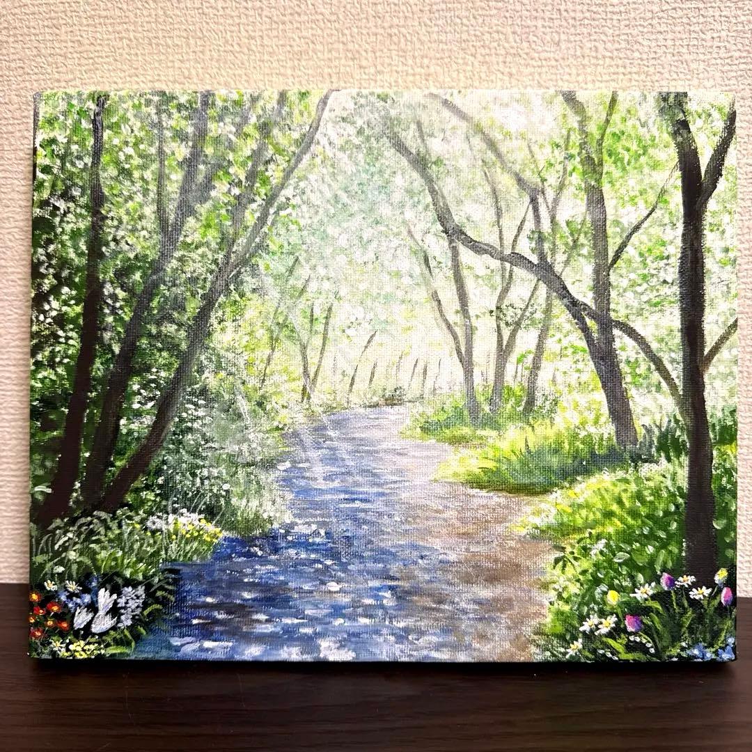 絵画 原画 風景画 肉筆 キャンバス F3 『春の木漏れ日がそそぐ散歩道