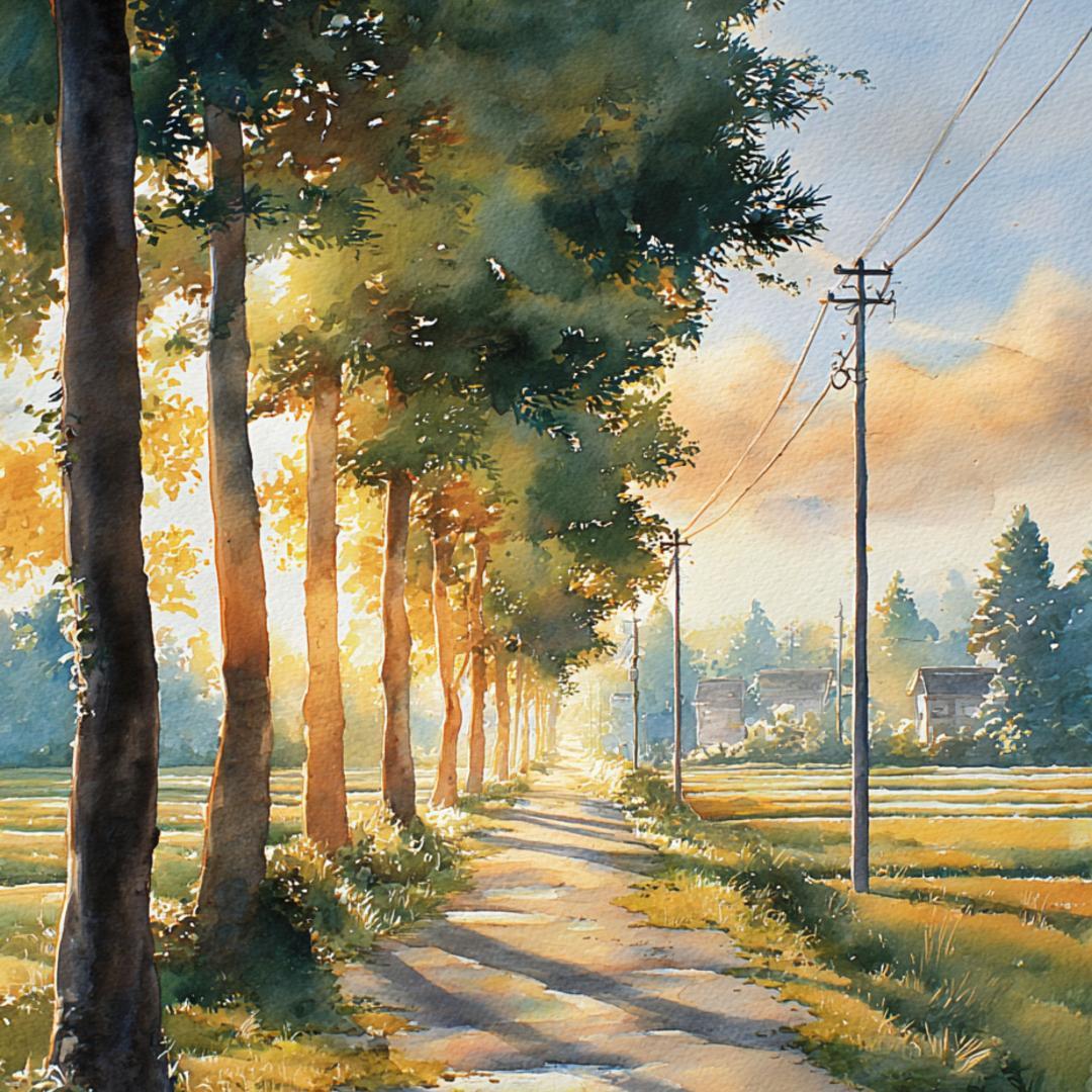A4 日本の田舎風景 夏の早朝 風景画 インテリアポスター アート 水彩画
