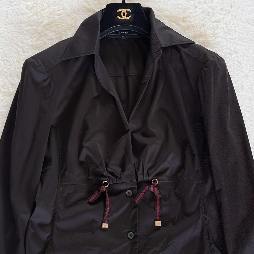 美品✨希少【グッチ】シェリーラインリボン付き長袖シャツ ロゴ刻印