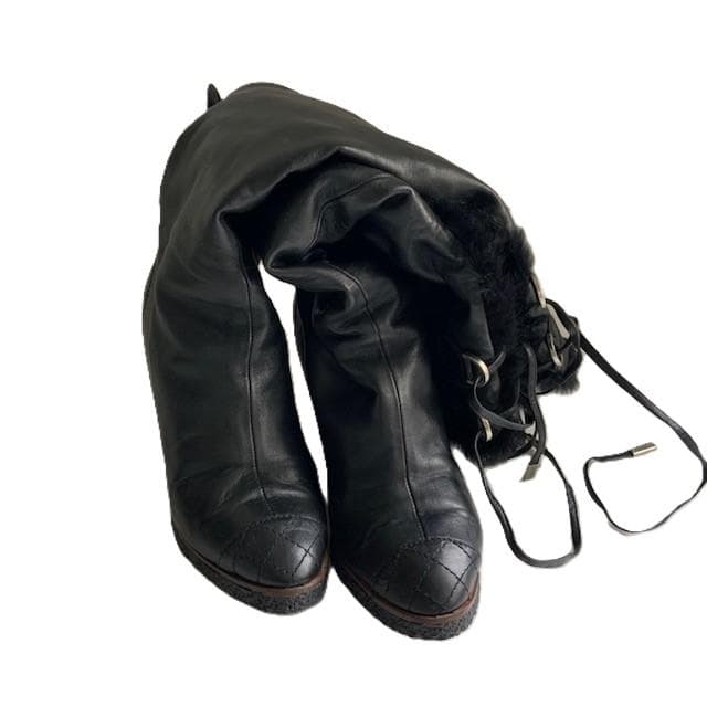 CHANEL 39(24.5cm) 黒レザー ロングブーツ CC ウェッジソール