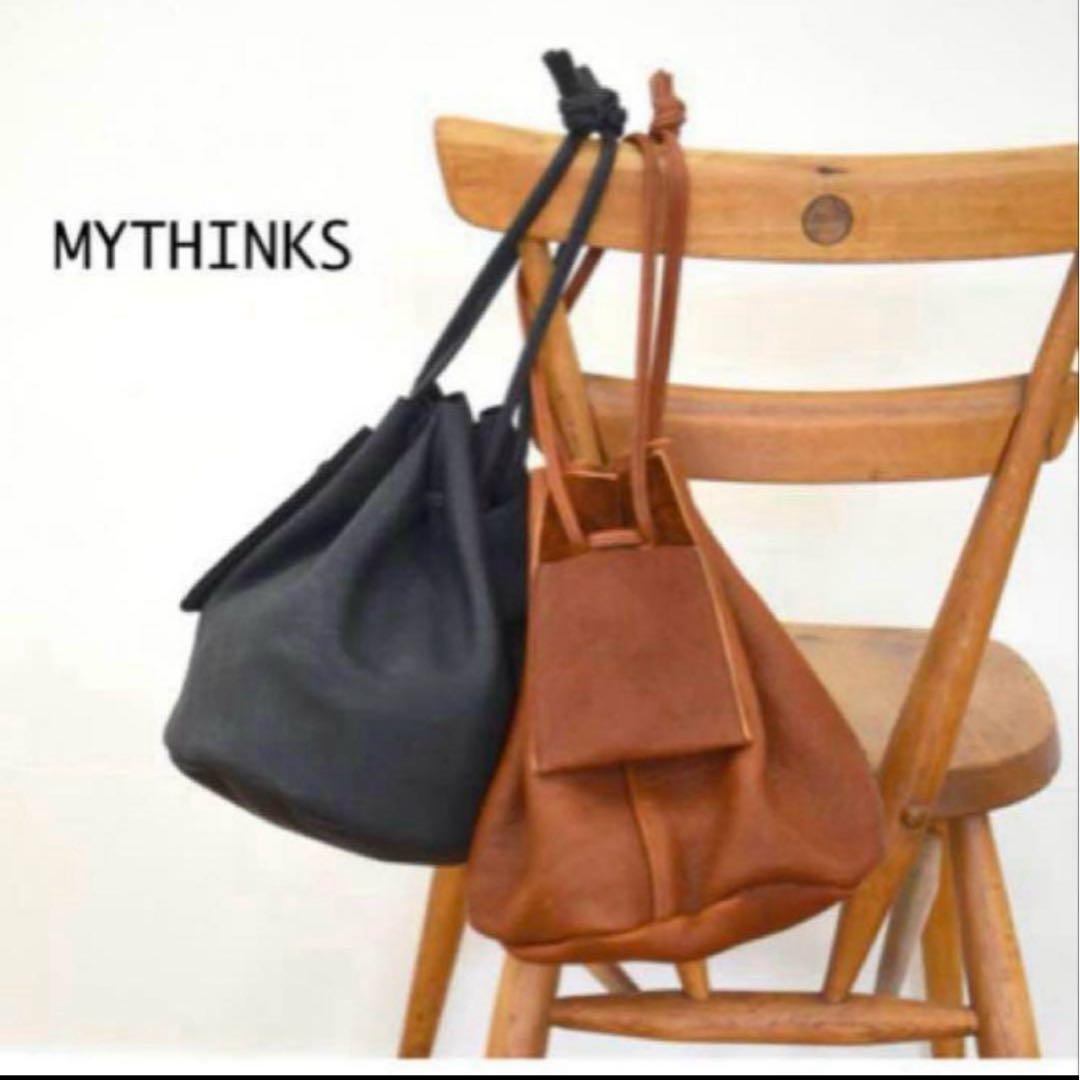 MYTHINKS レザー巾着バッグ 本革 円筒形 ドローストリング仕様 ブラック 巾着バッグ / きんちゃくバッグ / ドローストリングスバッグ