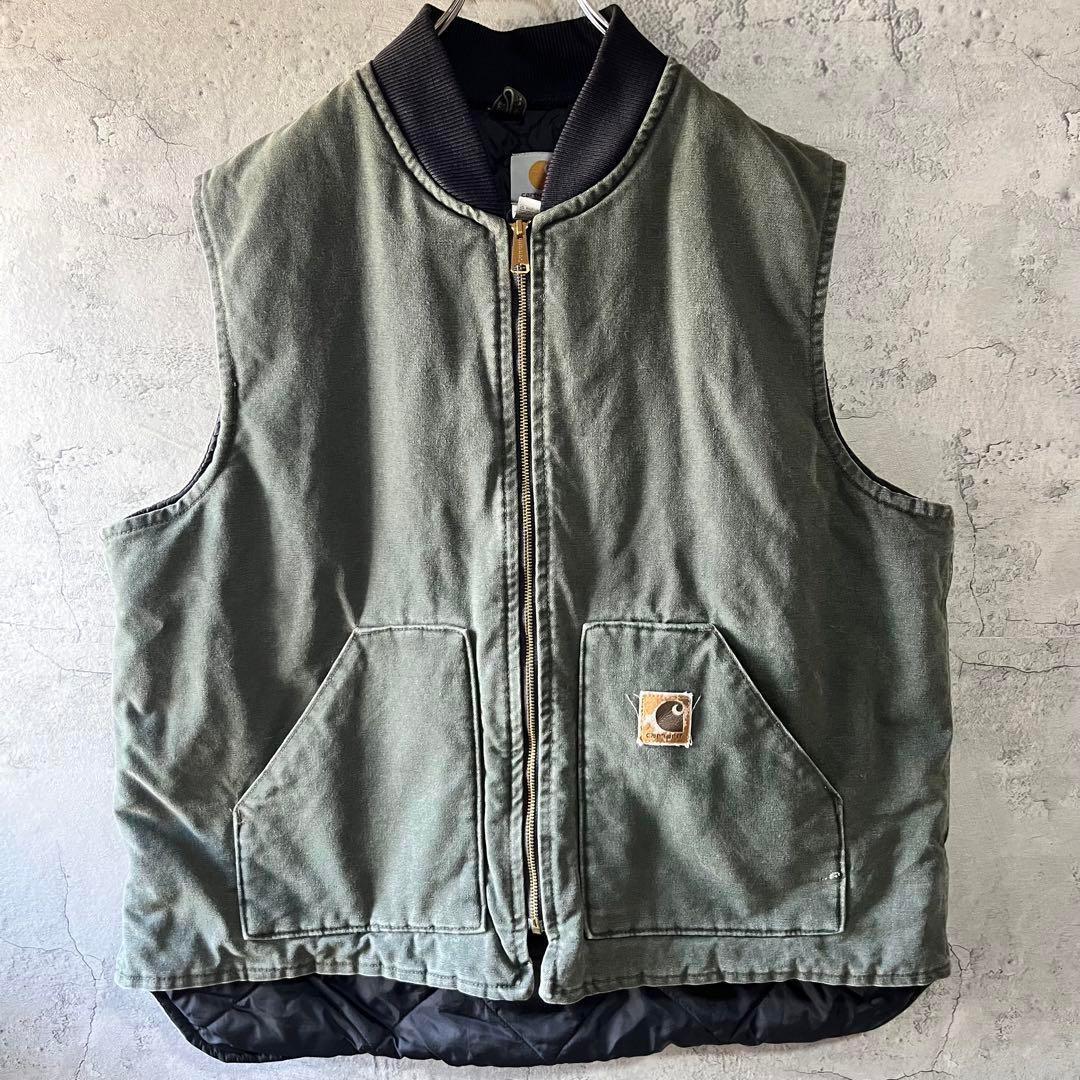 90s USA製 Carhartt カーハート ダックベスト モスグリーン 古着