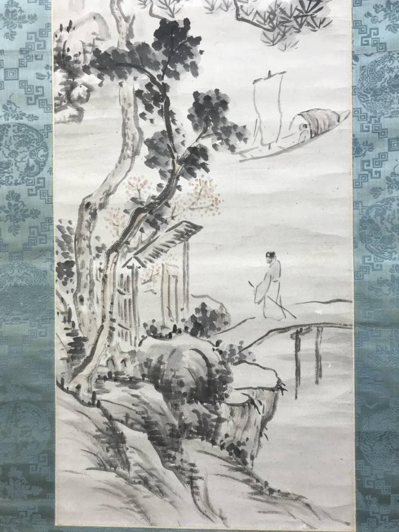 真作/長町竹石/山水人物図/秋江帰帆/山水図/帆船図/掛軸/名家伝来AE