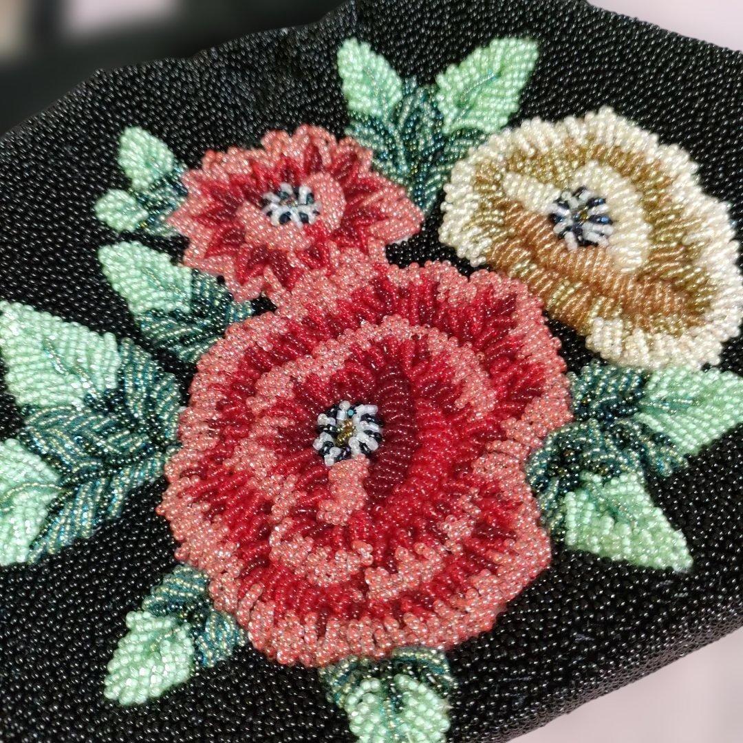 美品 ビーズバック 花柄 総ビーズ ハンドバッグ 和装 パーティ 昭和