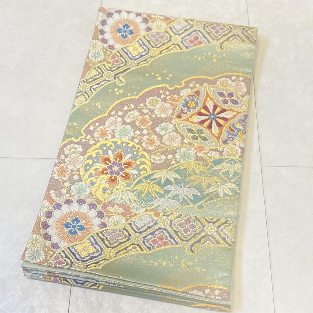 西陣織 唐織り 雪輪取り 銀通し 袋帯 正絹 白 ピンク 黄緑 パステル