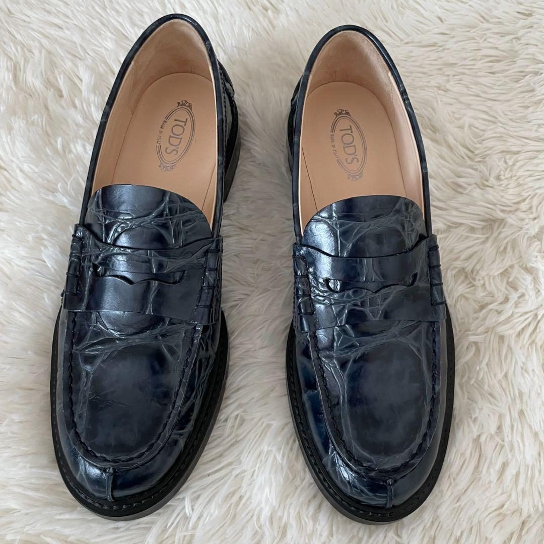 新品✨ TOD'S トッズ ペニーローファー クロコ型押し 紺 24cm 箱付き