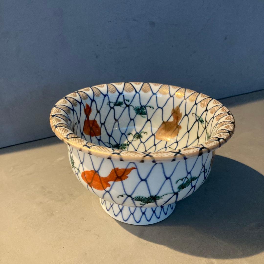 【貴重】古伊万里　染付色絵鉢　網目　金魚　金彩　茶碗　陶器　骨董品　江戸後期 骨董✦古伊万里✦蓋付き陶器碗 3点セット 色絵金彩上手 印判 江戸明治