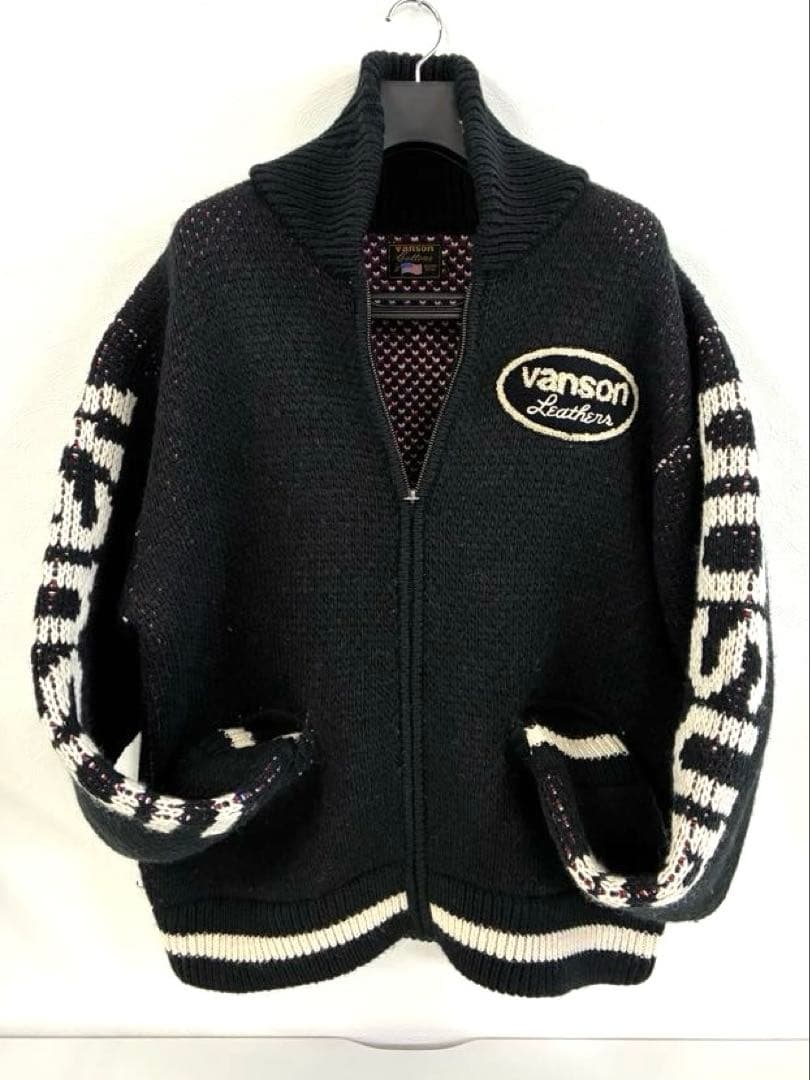 vanson カウチン ニット フルジップ ジャケット ブラック XL - メルカリ