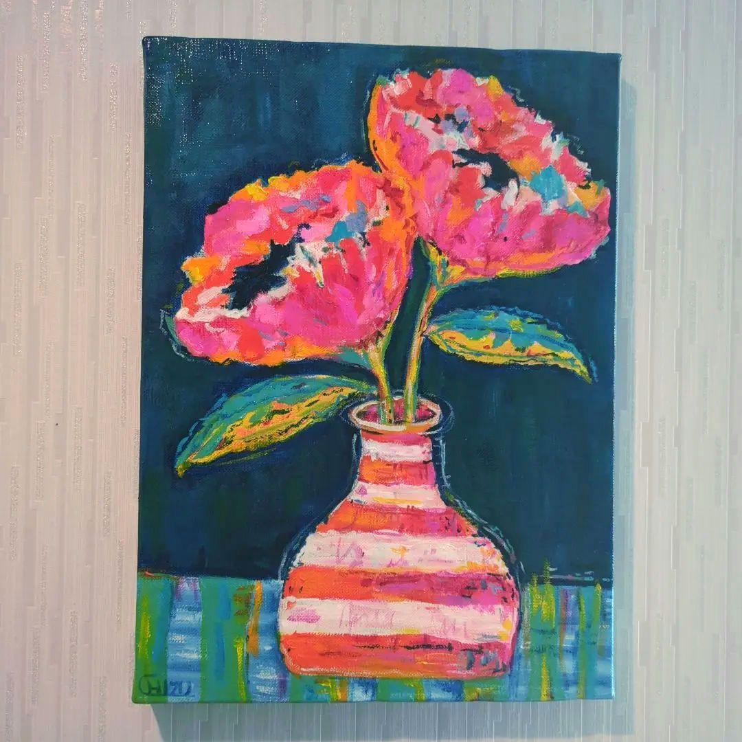 キャンバス油絵 　専用　花瓶に入れた二輪のお花 キャンバス油絵 専用 花瓶に入れた二輪のお花 キャンバス油絵 専用
