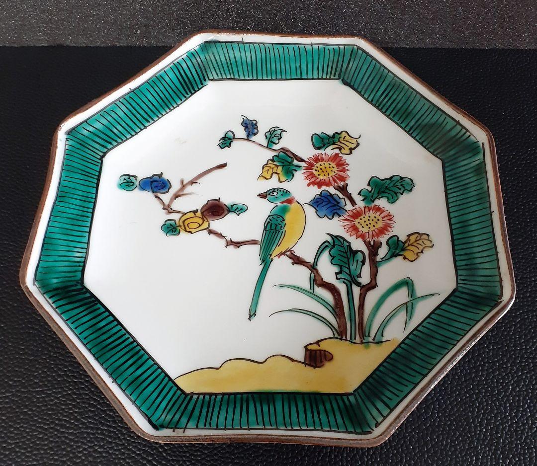 明治時代～大正時代 九谷焼 青手九谷 花鳥図 八角形皿 【二重角福】銘