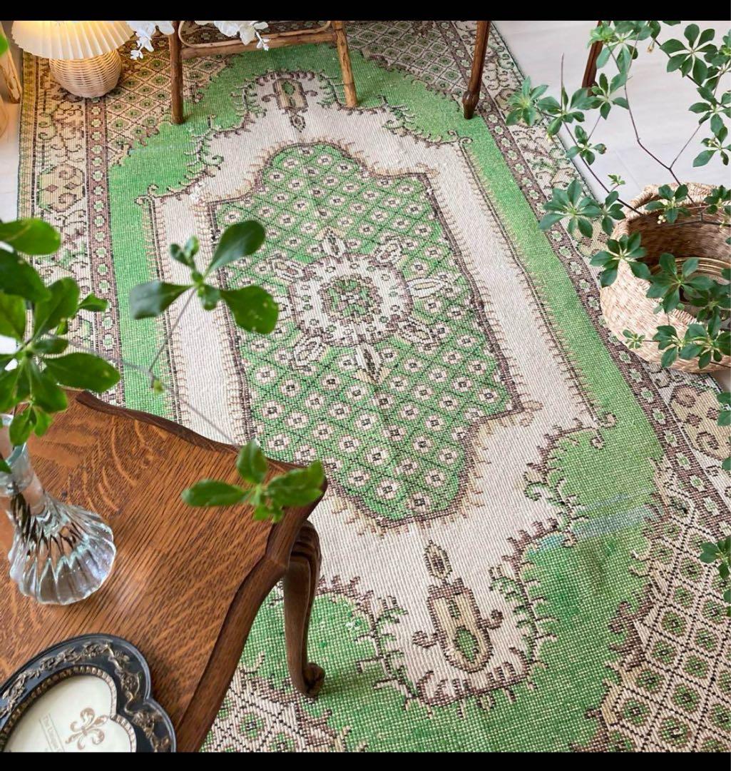 上品　クラシカル柄　アップルグリーン　ミルキー　ココア　トルコヴィンテージラグ クラシカル柄47×90グリーンアップル チョコ フラワー トルコ