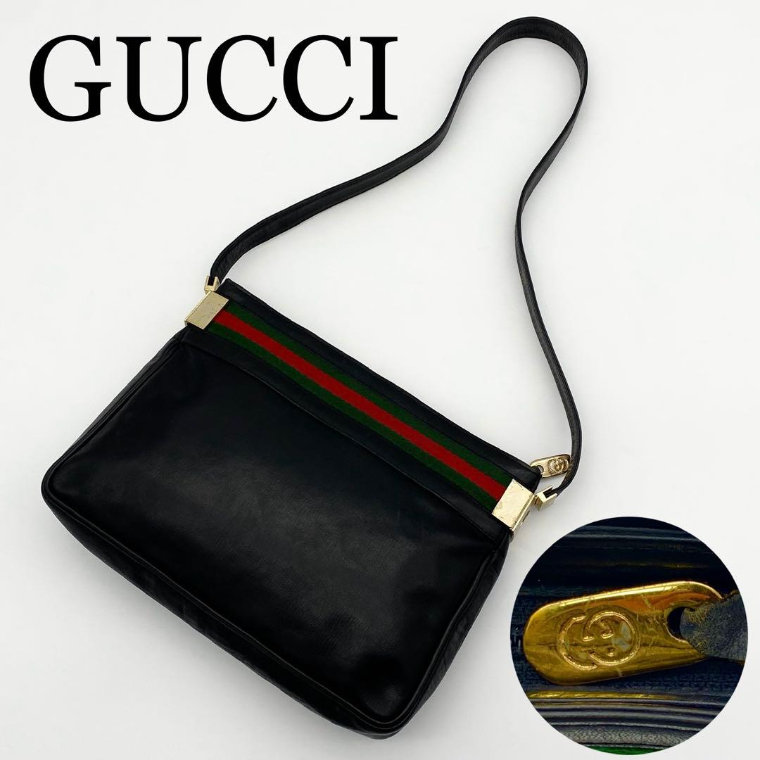 GUCCI ワンショルダーバッグ　シェリーライン　ブラック　レザー　ゴールド金具 GUCCI（グッチ） ヴィンテージ オールドグッチ シェリーライン