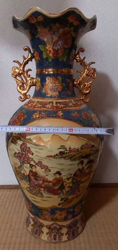 薩摩焼？】 陶器 花瓶 約62cm 壺骨董 双耳 金襴手 青粒 人物図 飾り壺