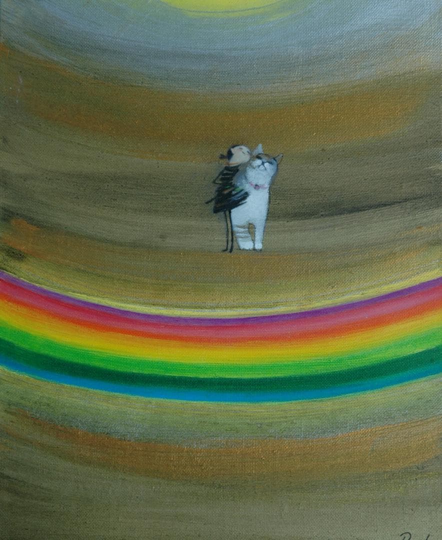 油絵 菅家令子絵 絵画インテリア額付(淡い銀青緑)F3-030919虹子猫