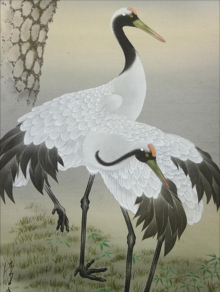 真作】掛軸 中島佳香『老松双鶴』絹本 肉筆 共箱付 掛け軸 a06268