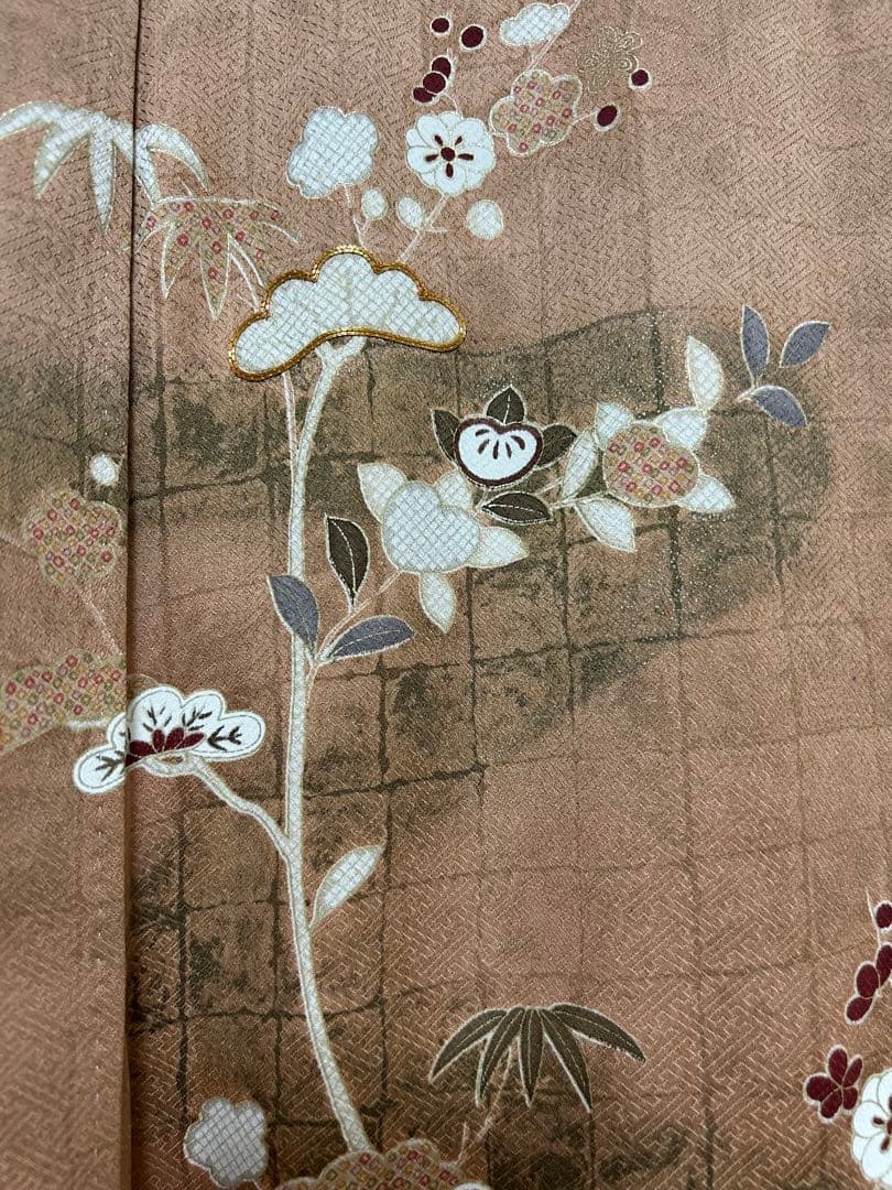 美品 訪問着 ブラウン S S サイズ 金刺繍 松竹梅 椿 美品 パール加工