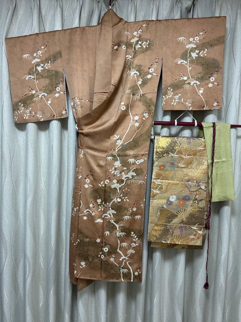 美品 訪問着 ブラウン S S サイズ 金刺繍 松竹梅 椿 美品 パール加工