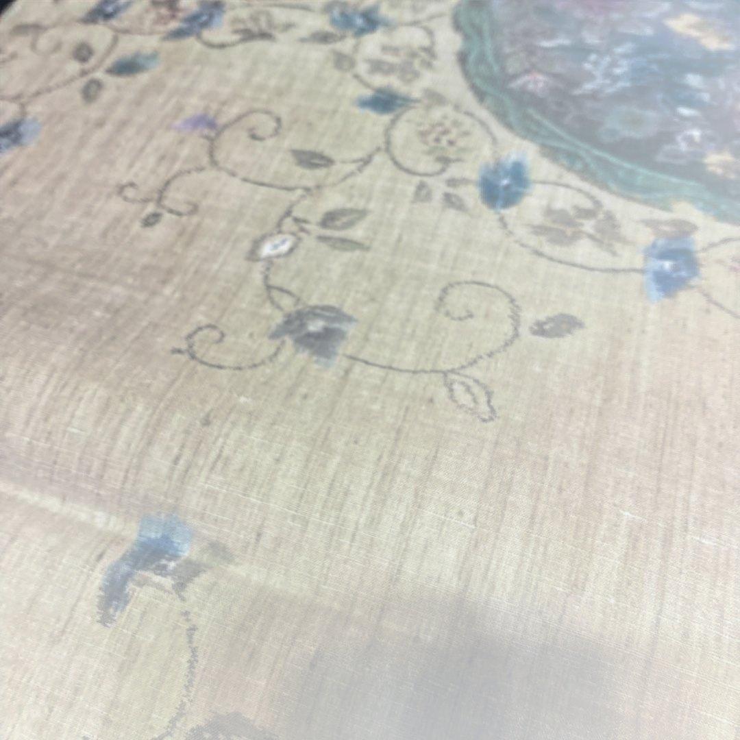 袋帯 紬地 華文 花唐草 ベージュ 六通 正絹