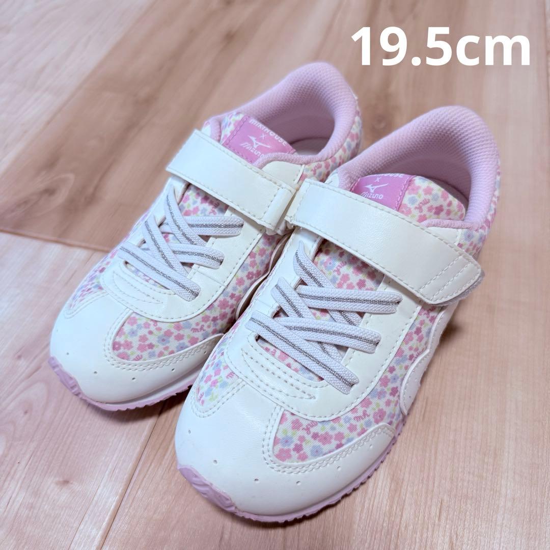 19.5cm Mizuno ミキハウス　コラボ　花柄スニーカー ホワイト/ピンク