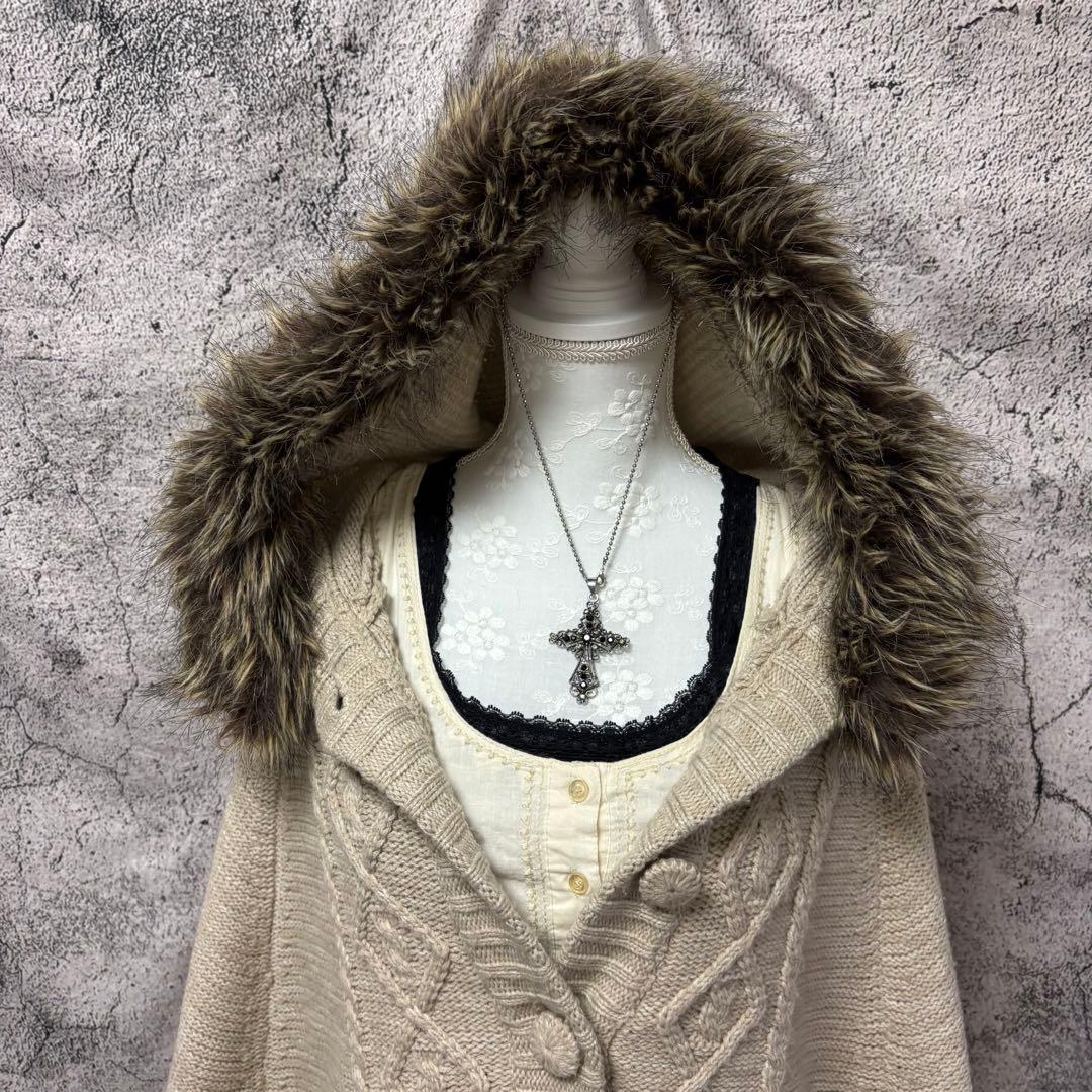 y2k 00s 森ガール ニットポンチョ スカート 2点セット ファー フリンジ