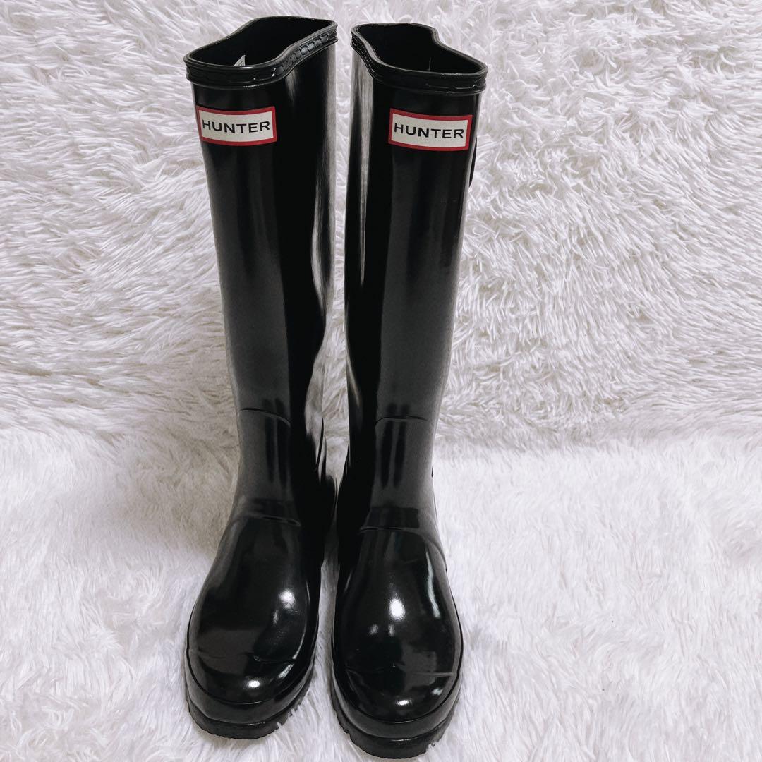 《美品》HUNTER レインブーツ トール グロス サイドベルト 24cm 黒