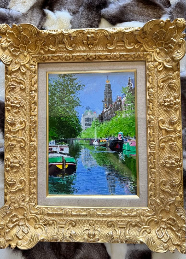 真作 小田切訓「塔のある運河」キャンバスに油彩 F4号 額装・タトウ箱・