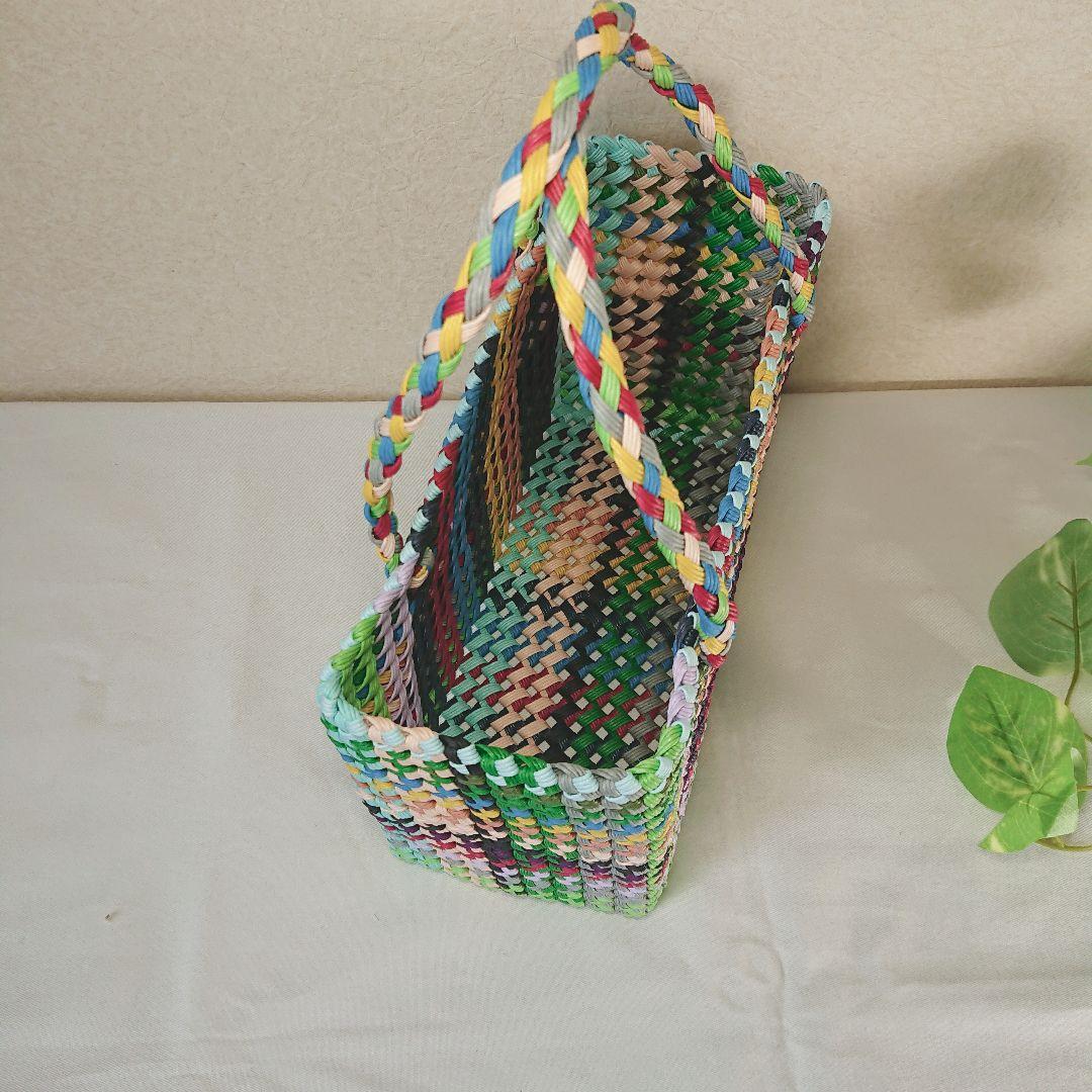 337.マルチカラーチェック柄 かごバッグ クラフトバンド エコクラフト