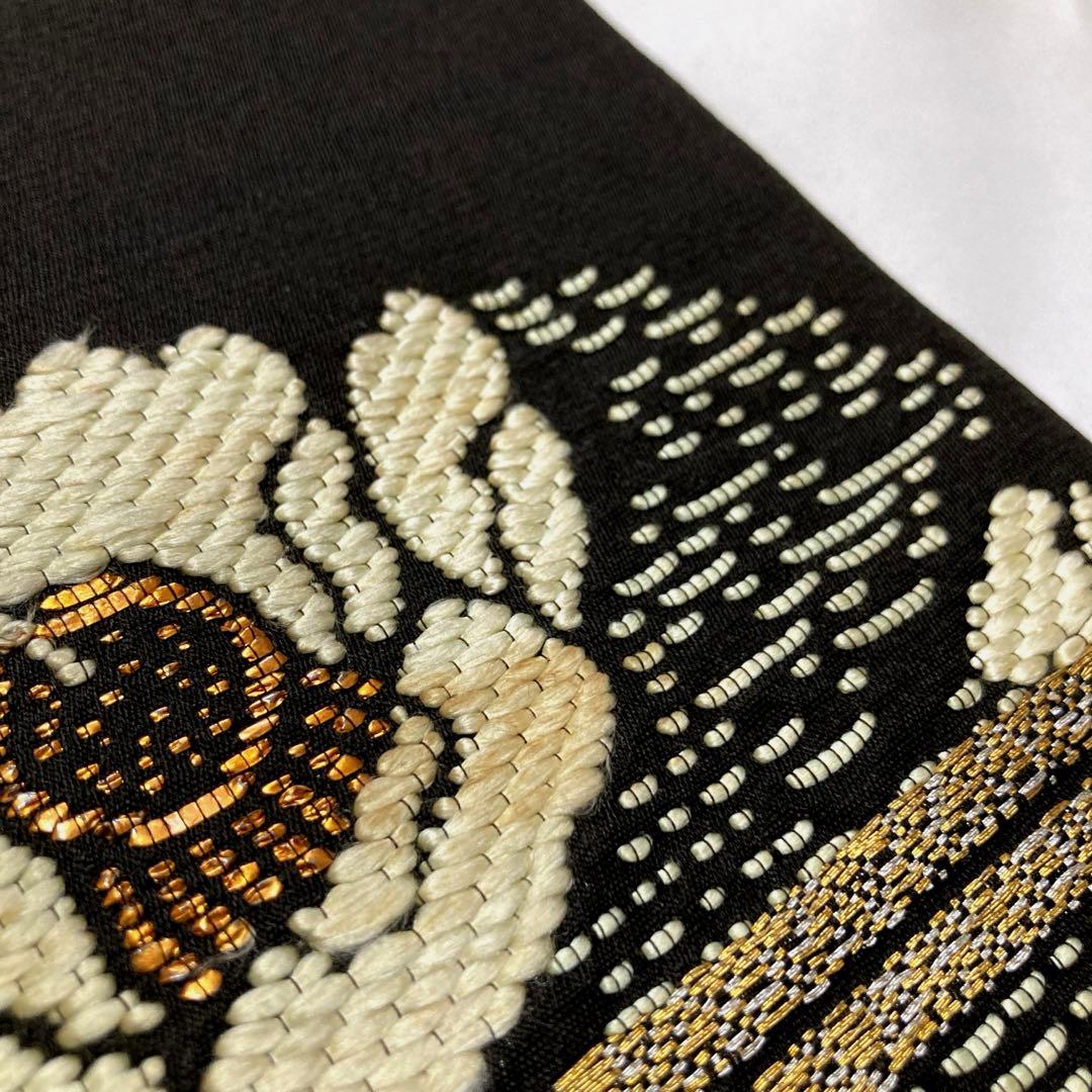 袋帯【龍村平蔵】錦織 手織工芸 正絹 花孔雀紋 黒色 着物帯