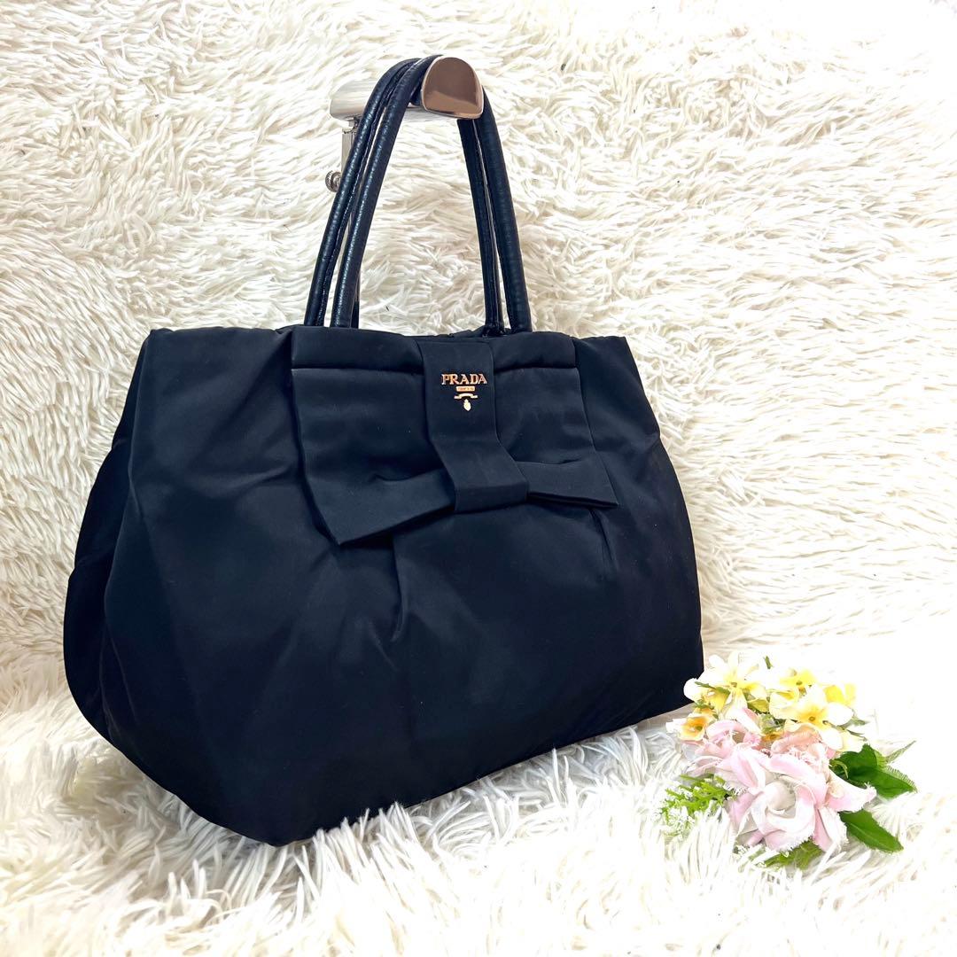 美品】プラダ ハンドバッグ リボン ゴールドロゴ ナイロン ブラック