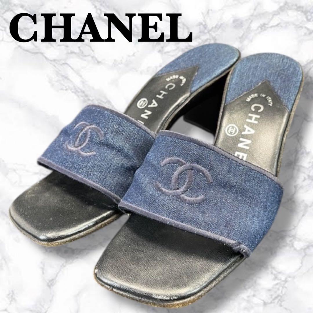 美品 シャネル ミュール サンダル デニム レザー ブルー 36 ココマーク 2023 プレコレクション CHANEL シャネル サンダル シューズ レディース