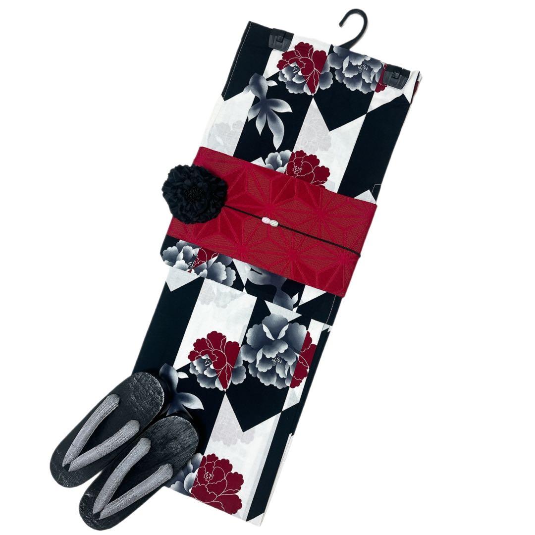 浴衣ジェンヌ 浴衣5点セット 黒×白 矢絣 矢羽 半幅帯 下駄 赤