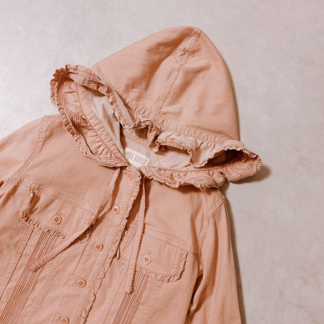 ピンクハウス デニム調 ブラウス ピンタック フリル リボン フード