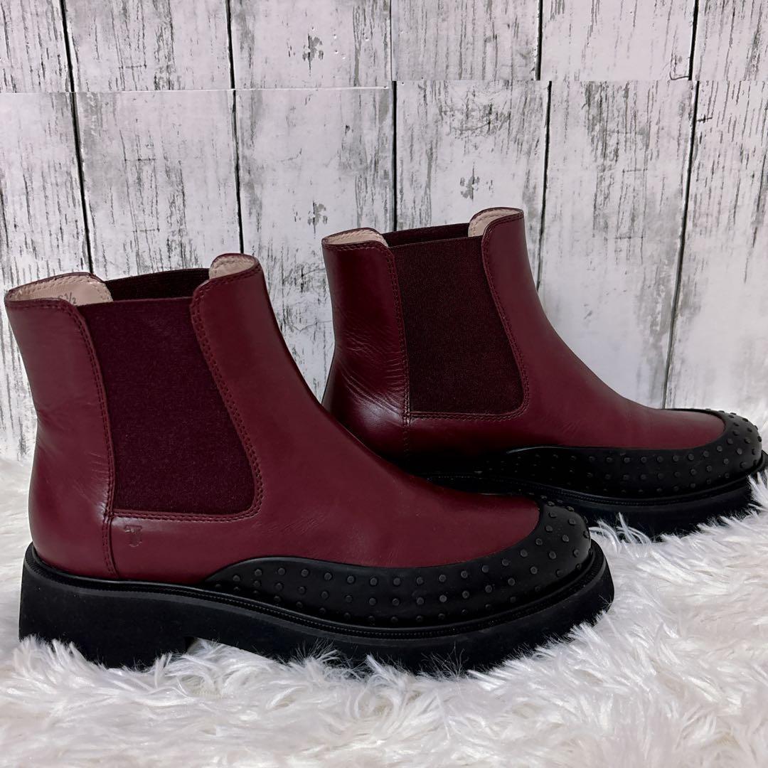 美品 トッズ サイドゴアブーツ チャンキーソール レザー 赤 厚底 23.5cm