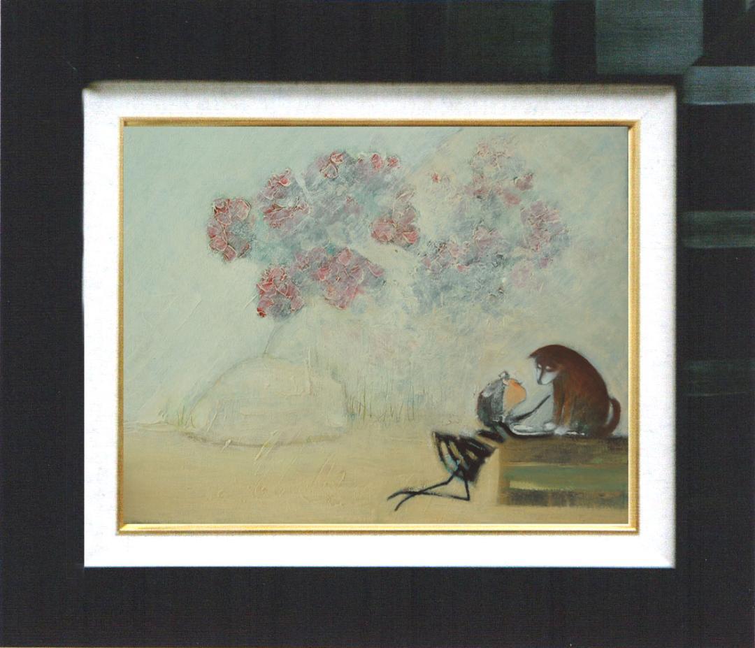 油絵菅家令子 絵 絵画インテリア額付(青緑＋金色の枠)uF6-071619