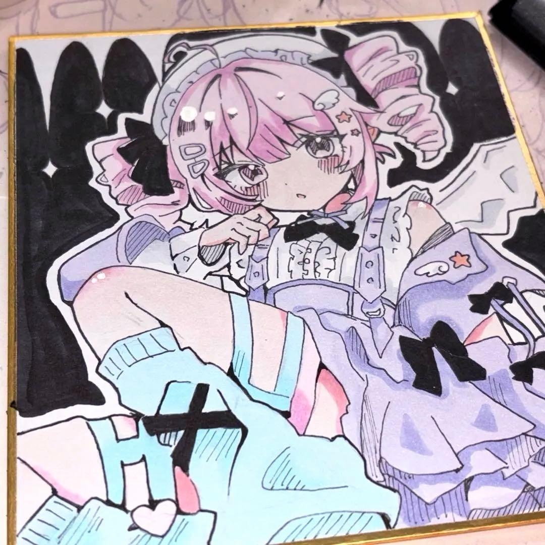 手描き イラスト オリジナル アナログ 色紙 ツインテール 女の子