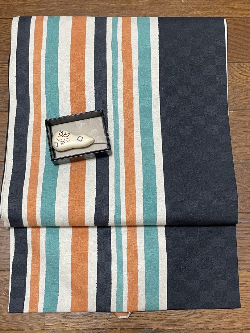 【美品】歌舞伎 名古屋帯&帯留セット 塩瀬染め帯の逸品 リサイクル名古屋帯 染め帯 連獅子 歌舞伎柄 日本