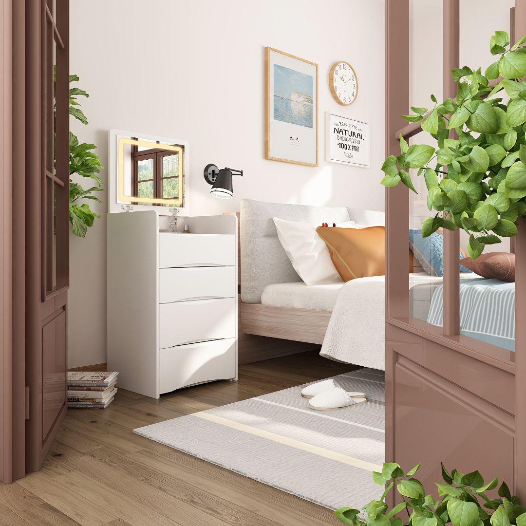 47.5cm 幅コンパクトドレッサー LED ライト付き 大容量収納 ホワイト