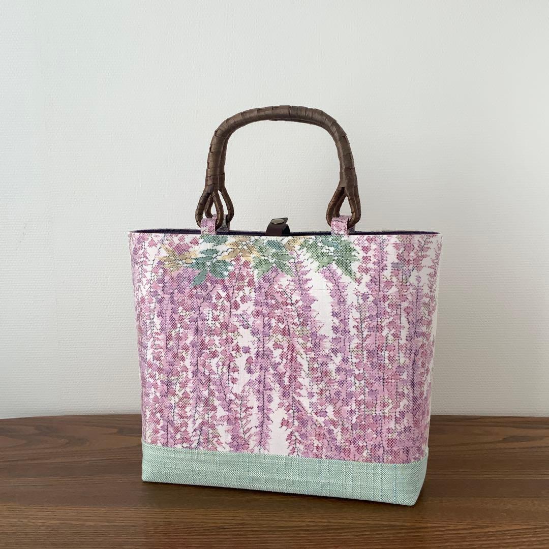 大島紬 満開の藤の花 リメイク 胡桃皮ハンドルバッグ