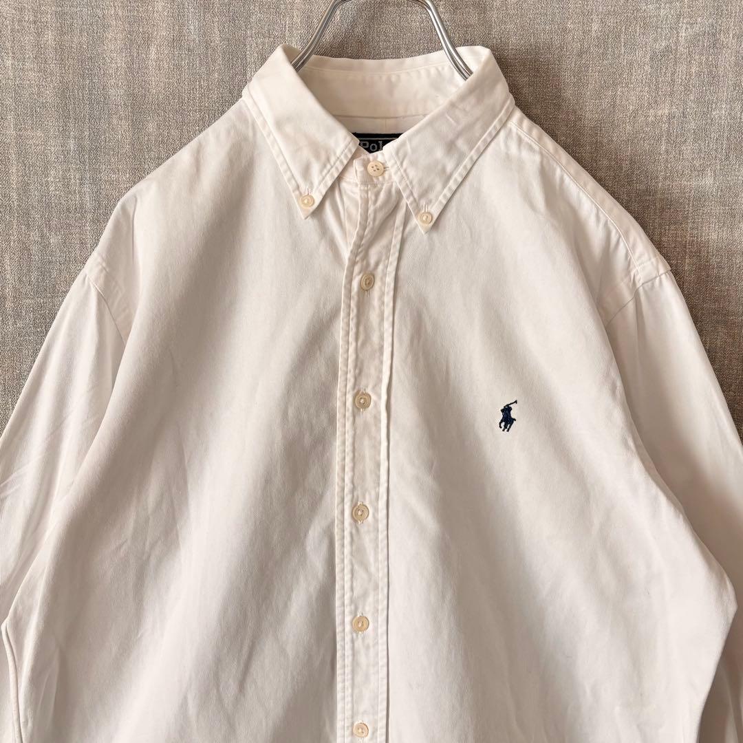 極美品】ポロラルフローレン 白シャツL ネイビーポニー刺繍 上質綿100
