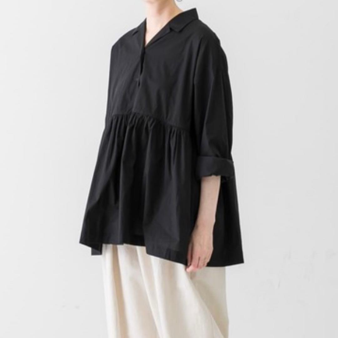 かぐれ オープンカラーギャザーシャツ ブラック コットン フリー 開襟